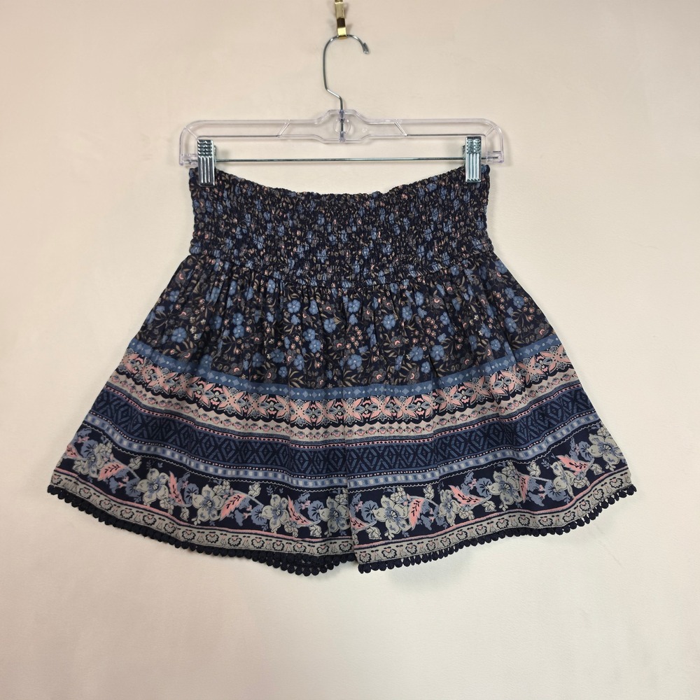 Hollister Skirt Women S Blue Floral Boho Cottage Festival Smocked Mini - Picture 2 of 12